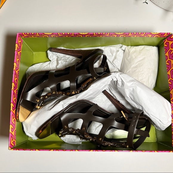 Tory Burch Francesca leather gladiator sandal brown leather with gold SZ 7 - Picture 9 of 13